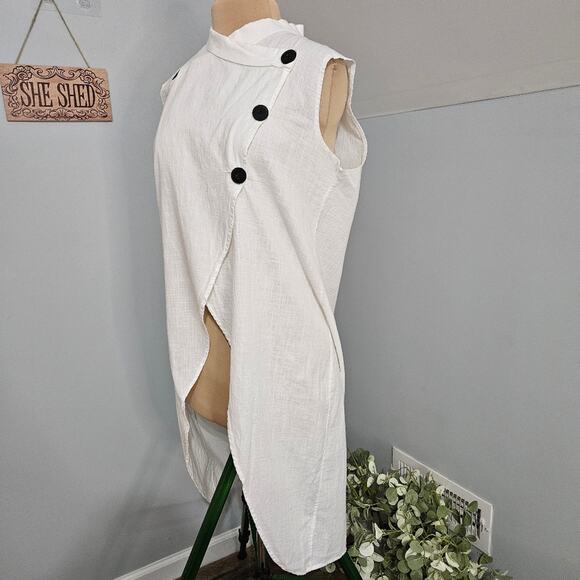 Sleeveless White Swim Coverup Tunic Dress Black Button Accents Crossover Neck - Picture 6 of 12